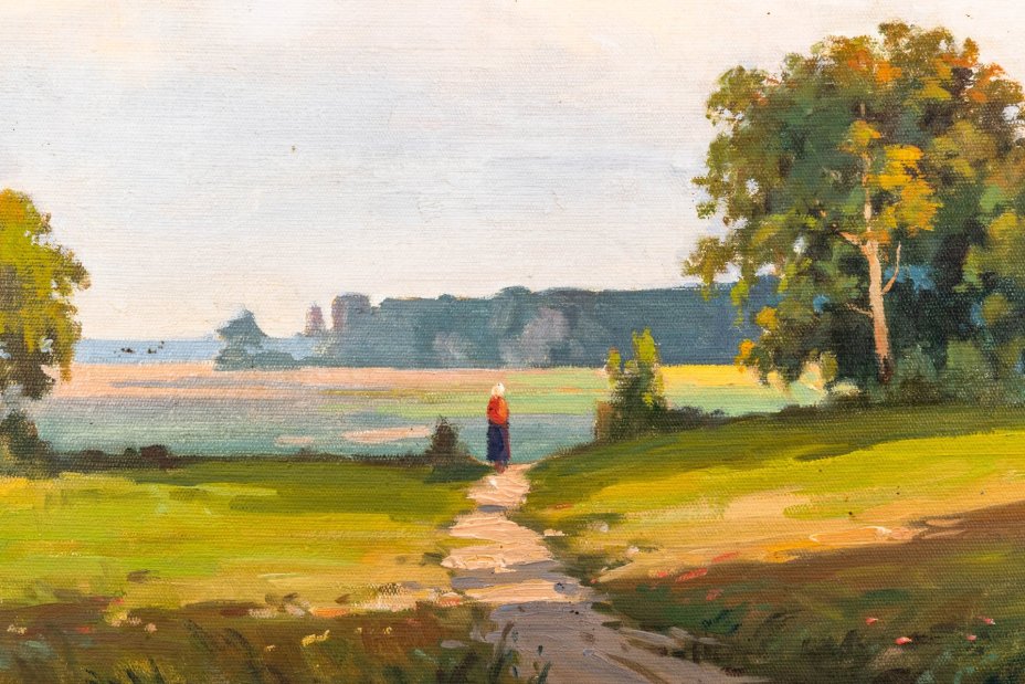 Картина "К вечеру" с изображением летнего пейзажа, в раме, художник В. Голубев