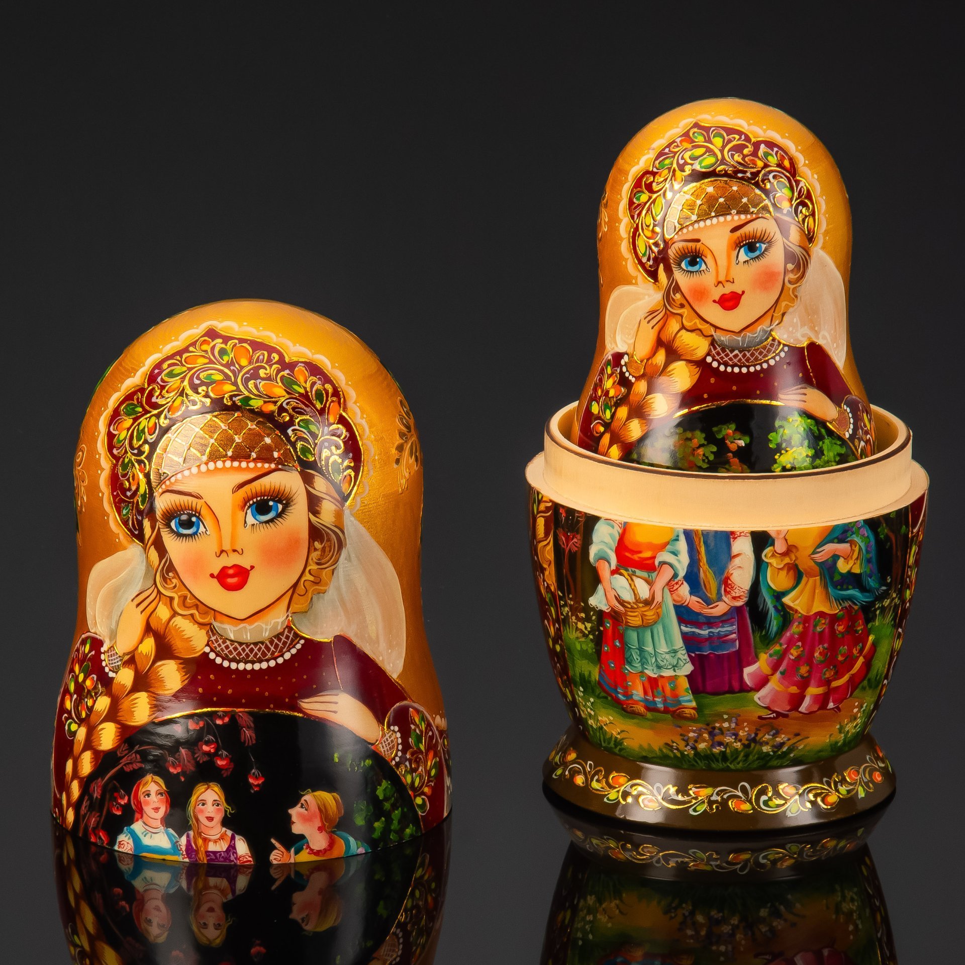 Матрешка золотая "Девицы" (5 мест), автор росписи С.А. Лонченкова, дерево, лак, роспись, золочение, Российская Федерация, 2025 г.