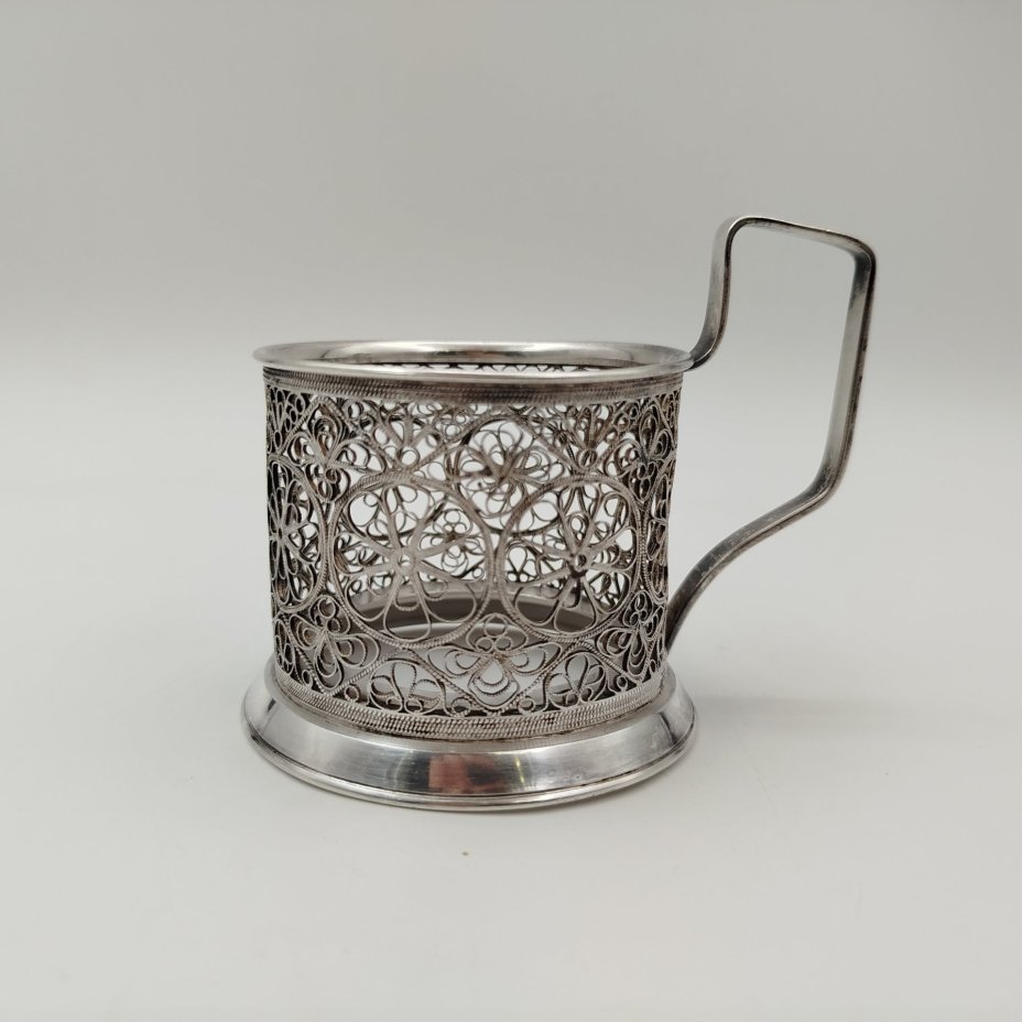 Подстаканник ажурный с цветочным декором, мНЦ (медь-никель-цинк), стекло, Мстерская художественная фабрика  «Ювелир», СССР, 1960-1980 гг.