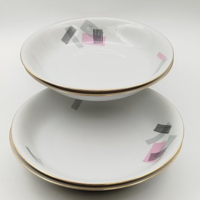 Набор из 6-ти суповых тарелок с геометрическим декором, Cornelia Loucky Carlsbad, фарфор, деколь, золочение, Чехословакия, 1960-1980 гг.
