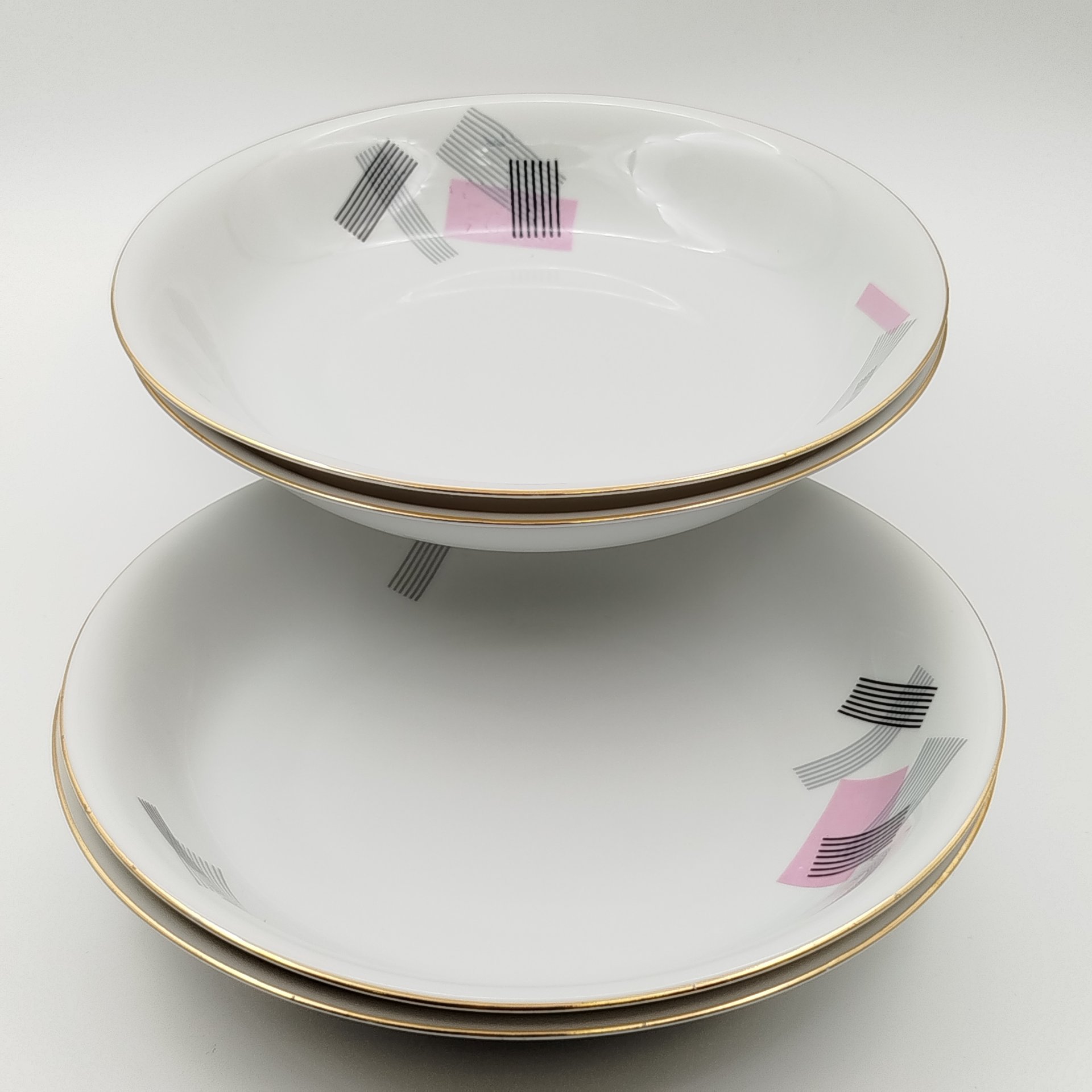 Набор из 6-ти суповых тарелок с геометрическим декором, Cornelia Loucky Carlsbad, фарфор, деколь, золочение, Чехословакия, 1960-1980 гг.