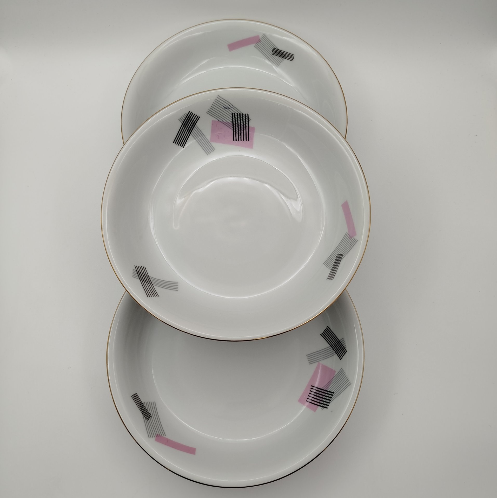 Набор из 6-ти суповых тарелок с геометрическим декором, Cornelia Loucky Carlsbad, фарфор, деколь, золочение, Чехословакия, 1960-1980 гг.