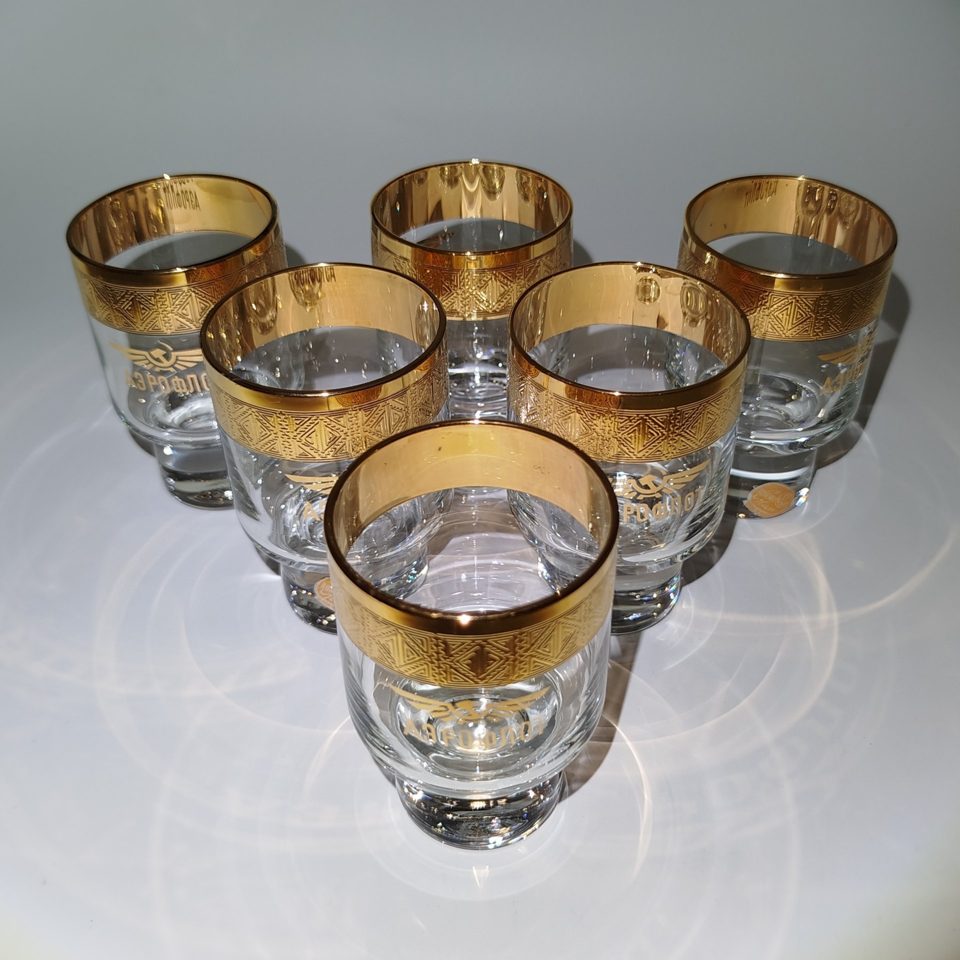 Набор стопок "Аэрофлот" на 6 персон, стекло, золочение, Bohemia Crystal (Bohemia Glass), Чехословакия, 1970-1990 гг.