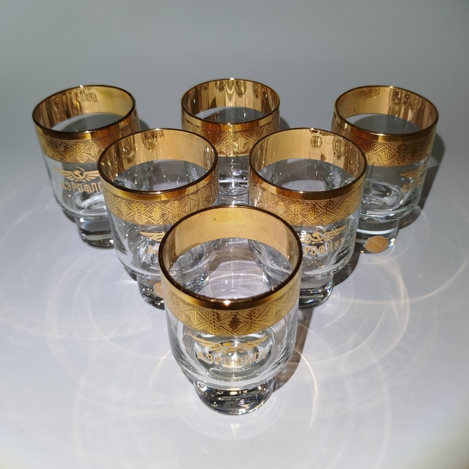Набор стопок "Аэрофлот" на 6 персон, стекло, золочение, Bohemia Crystal (Bohemia Glass), Чехословакия, 1970-1990 гг.