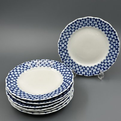 Набор из семи блюдец "Кобальтовая сетка" (без золочения, брак), Ленинградский фарфоровый завод (ЛФЗ)