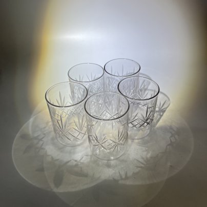 Набор из 5 стопок с резным геометрическим декором, стекло, алмазная грань, СССР, 1970-1990 гг.