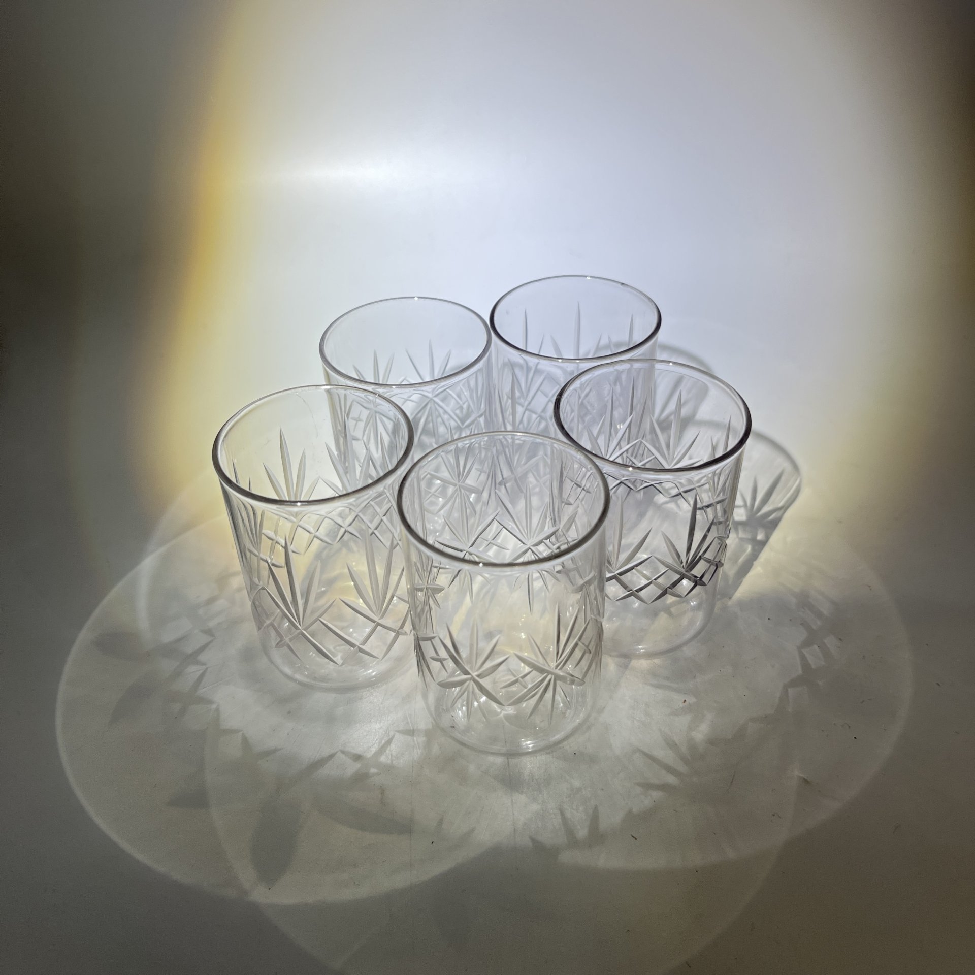 Набор из 5 стопок с резным геометрическим декором, стекло, алмазная грань, СССР, 1970-1990 гг.