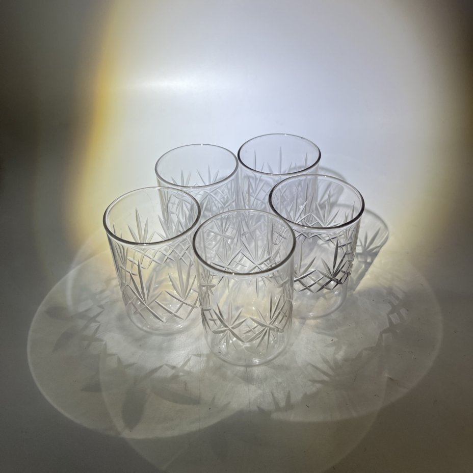 Набор из 5 стопок с резным геометрическим декором, стекло, алмазная грань, СССР, 1970-1990 гг.