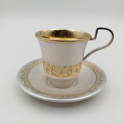 Пара кофейная с орнаментальным декором, мельхиор (медь-никель), гравировка, золочение, Мстерский завод художественных изделий «Ювелир»
