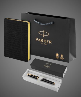 Подарочный набор: Перьевая ручка Parker IM Metal Black GT (глянцевый черный лак) и Ежедневник недатированный А5 черный, Лаки и смолы: лак, латунь, позолота, позолота