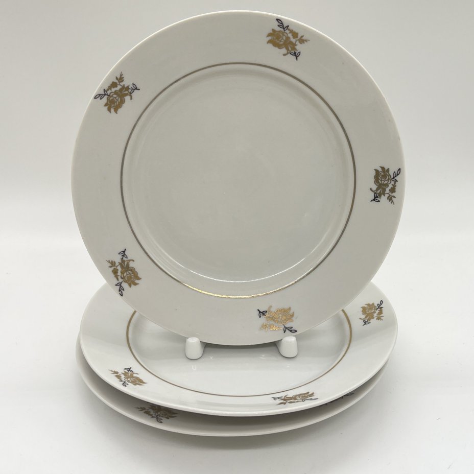 Набор из 3 тарелок с декором "Роза", фарфор, деколь, золочение, Дулевский фарфоровый завод (Дулёво), СССР, 1970-1980 гг.