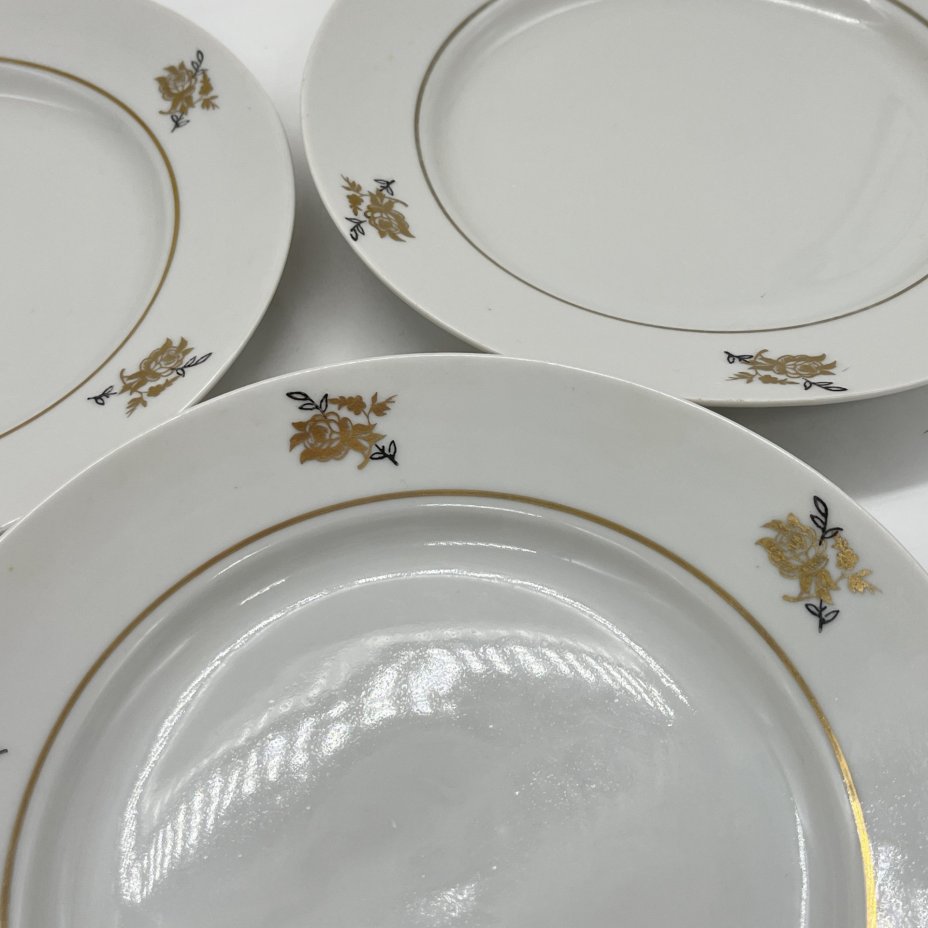 Набор из 3 тарелок с декором "Роза", фарфор, деколь, золочение, Дулевский фарфоровый завод (Дулёво), СССР, 1970-1980 гг.