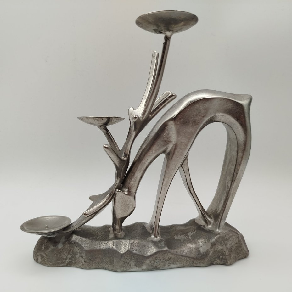 Подсвечник на три свечи "Олень на водопое", металл, литье, СССР, 1970-1990 гг.