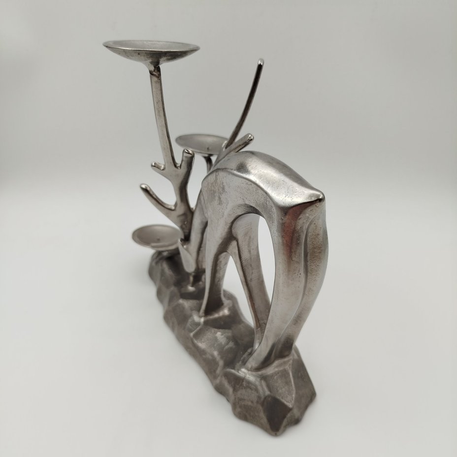 Подсвечник на три свечи "Олень на водопое", металл, литье, СССР, 1970-1990 гг.