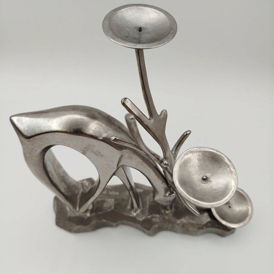 Подсвечник на три свечи "Олень на водопое", металл, литье, СССР, 1970-1990 гг.
