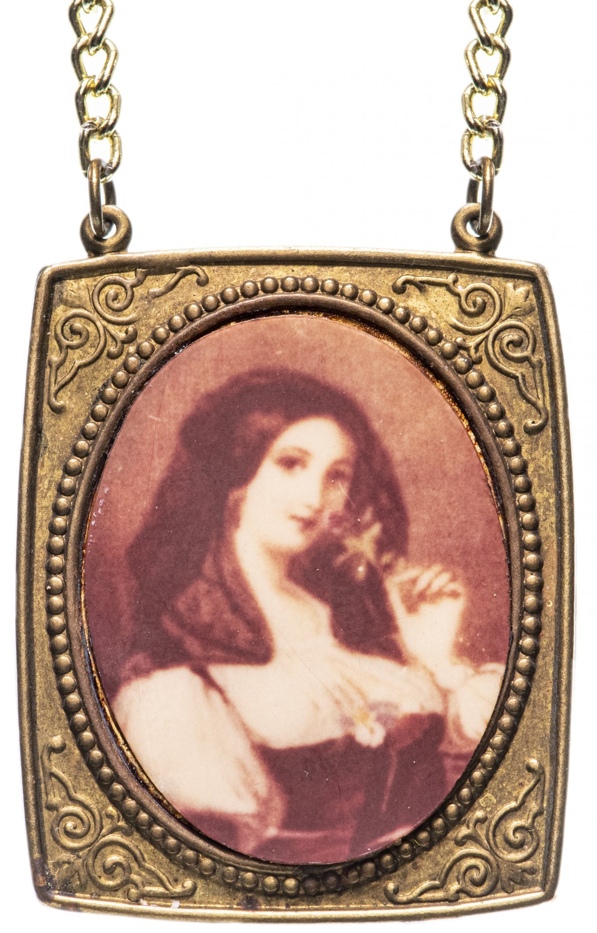 Кулон винтажный с подвеской и портретом юной красавицы, латунь, СССР, 1970-1980 гг.
