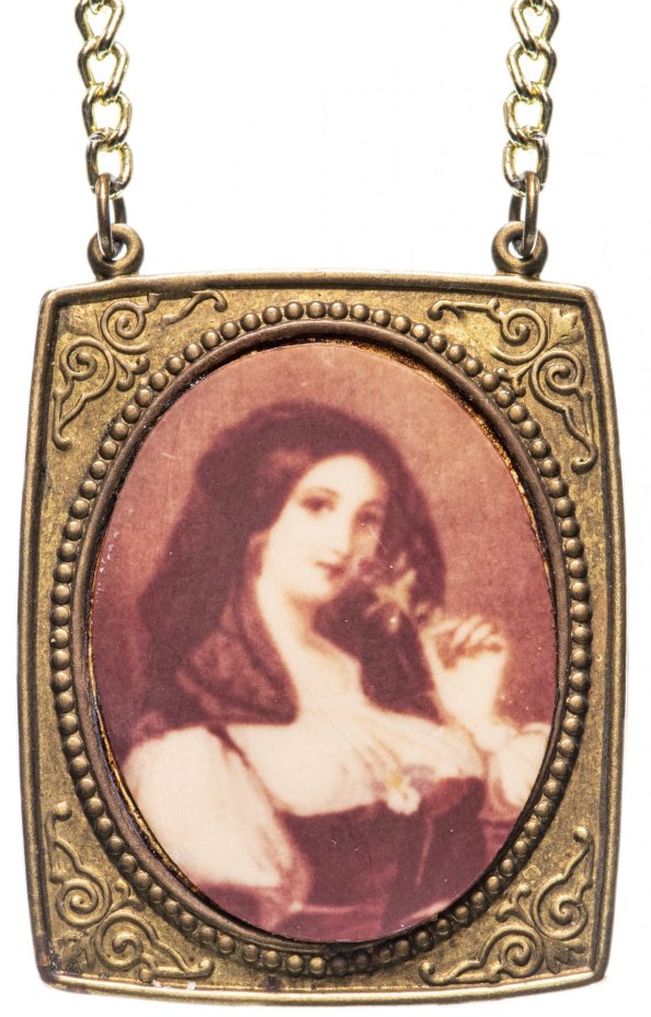 Кулон винтажный с подвеской и портретом юной красавицы, латунь, СССР, 1970-1980 гг.