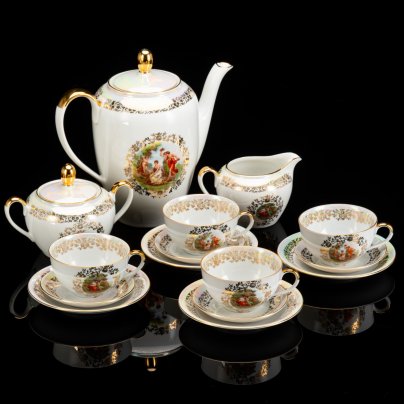 Сервиз чайный "Мадонна" на 4 персоны (15 предметов), фарфор, деколь, люстр, золочение, Fortuna Eisenberg, ГДР, 1960-1973 гг.