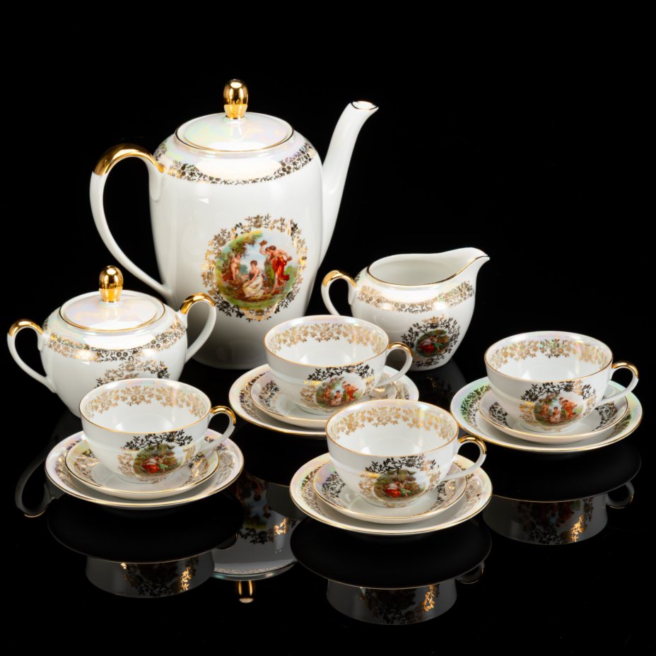 Сервиз чайный "Мадонна" на 4 персоны (15 предметов), фарфор, деколь, люстр, золочение, Fortuna Eisenberg, ГДР, 1960-1973 гг.