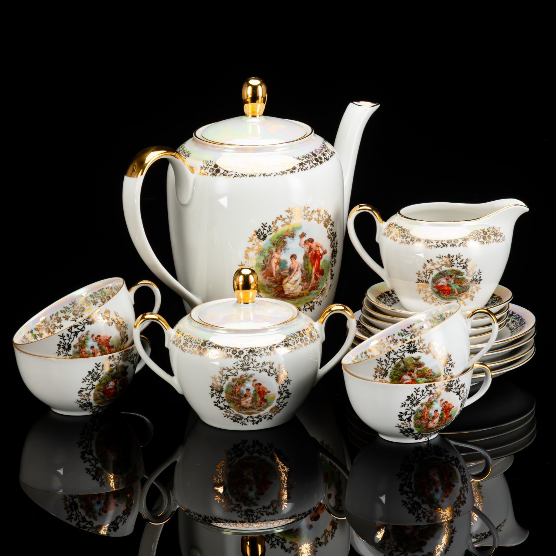 Сервиз чайный "Мадонна" на 4 персоны (15 предметов), фарфор, деколь, люстр, золочение, Fortuna Eisenberg, ГДР, 1960-1973 гг.