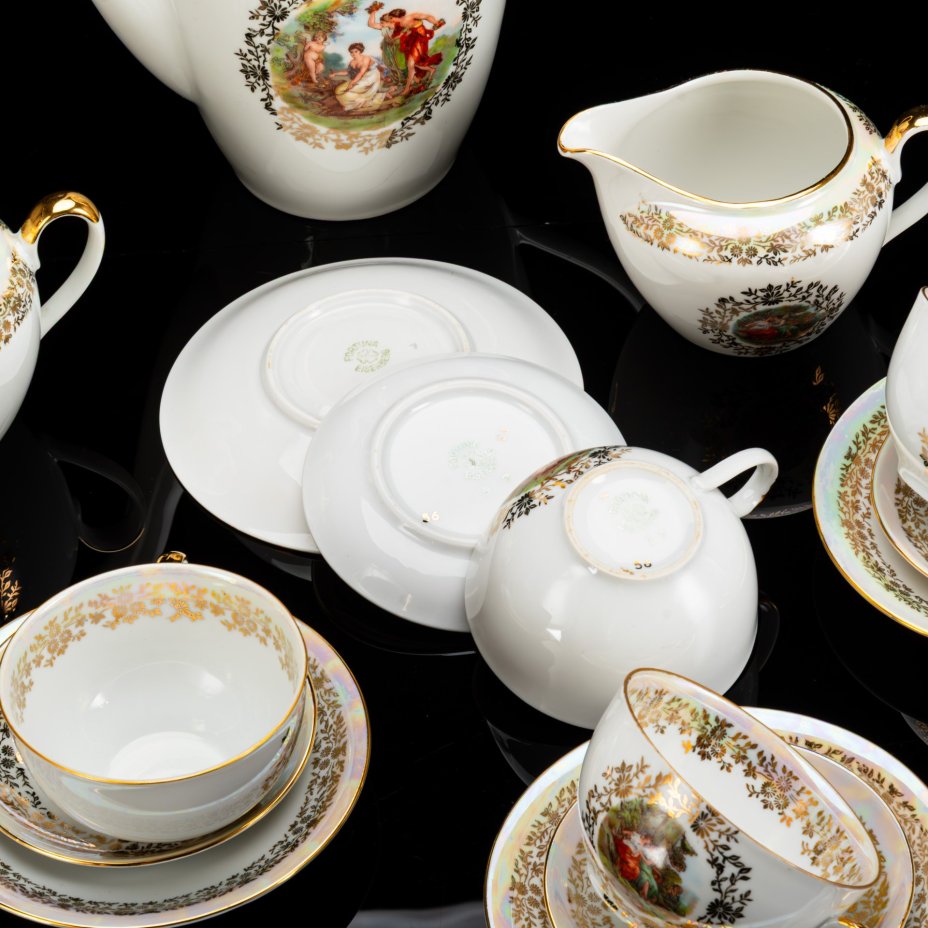 Сервиз чайный "Мадонна" на 4 персоны (15 предметов), фарфор, деколь, люстр, золочение, Fortuna Eisenberg, ГДР, 1960-1973 гг.
