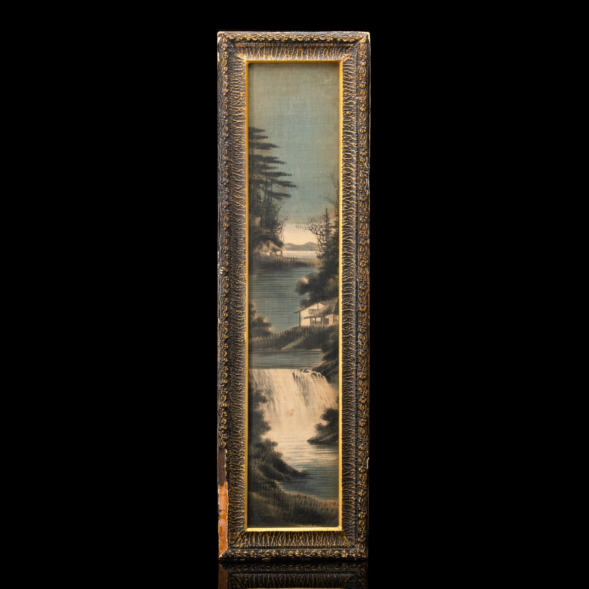 Пейзаж с изображением реки, живопись, ткань, багет, Япония, 1900-1930 гг.