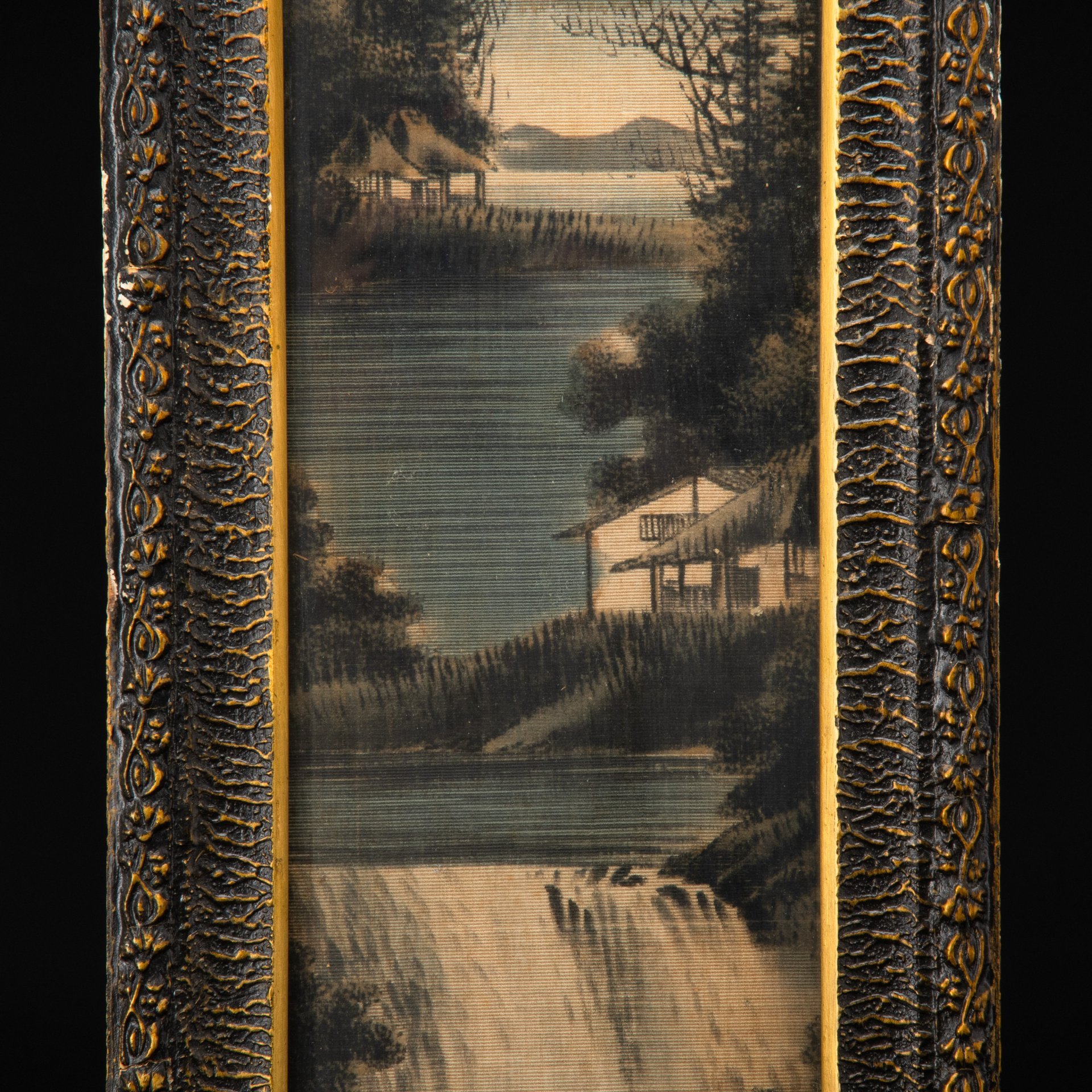 Пейзаж с изображением реки, живопись, ткань, багет, Япония, 1900-1930 гг.