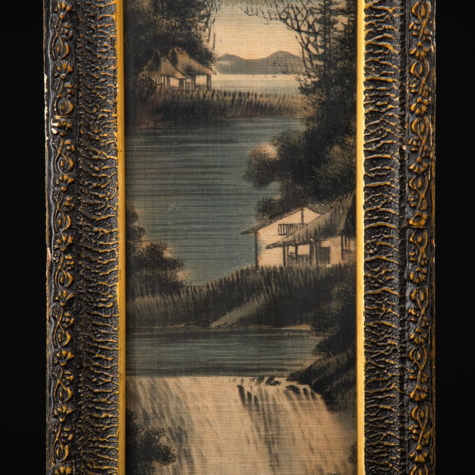 Пейзаж с изображением реки, живопись, ткань, багет, Япония, 1900-1930 гг.