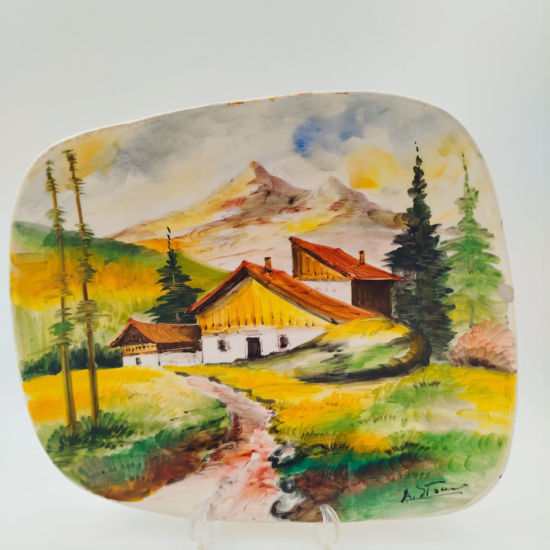 Блюдо декоративное настенное, украшенное изображением альпийского пейзажа, фаянс, роспись, Италия, 1970-1990 гг.