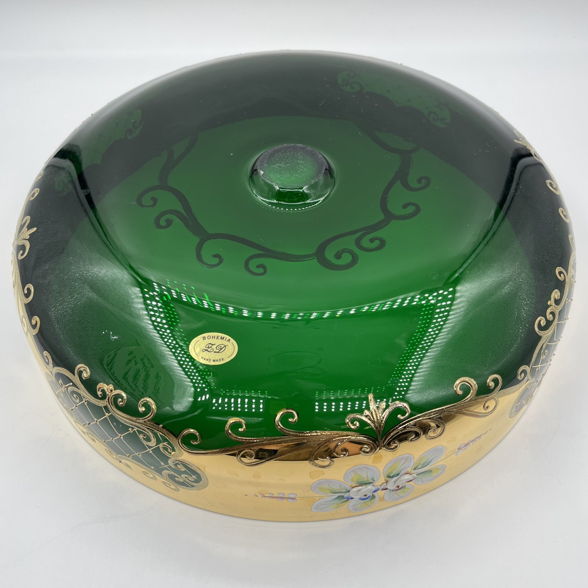 Фруктовница зеленого оттенка, украшенная растительным декором, Bohemia Crystal (Bohemia Glass)