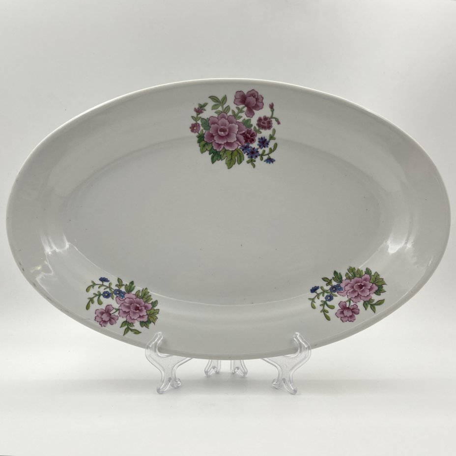 Салатник (селёдочница) с цветочным декором, фарфор, деколь, Дулевский фарфоровый завод (Дулёво), СССР, 1968-1991 гг.