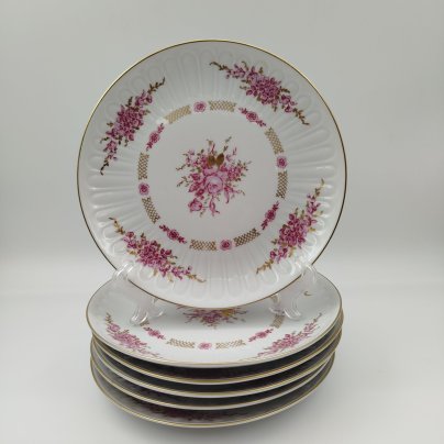 Набор десертных тарелок с цветочным декором на 6 персон, фарфор, деколь, золочение, Graf Von Henneberg Porzellan, 1777 Jlmenau, ГДР, 1977-1990 гг.