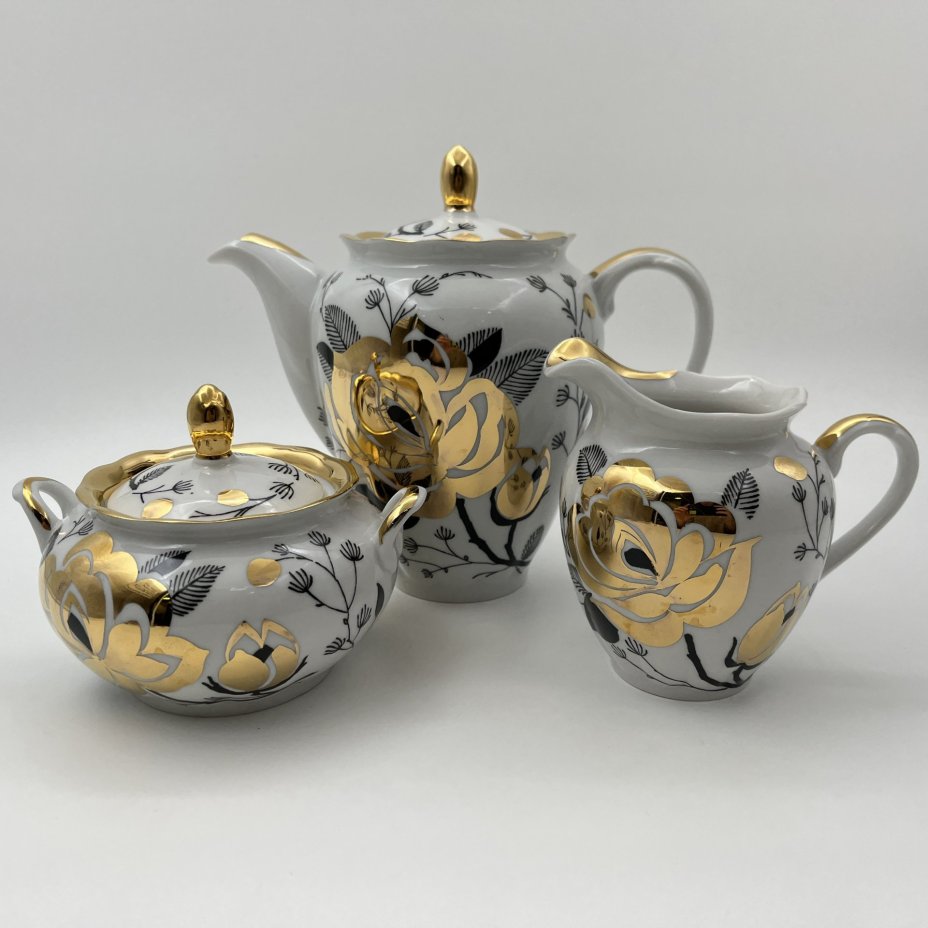 Набор чайный "Золотая роза" (3 предмета), фарфор, деколь, золочение, Дмитровский фарфоровый завод (ДФЗ Вербилки), СССР, 1965-1991 гг.