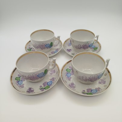 Набор из четырех чайных пар с растительным декором, фарфор, деколь, Дмитровский фарфоровый завод (ДФЗ Вербилки), СССР, 1965-1991 гг.