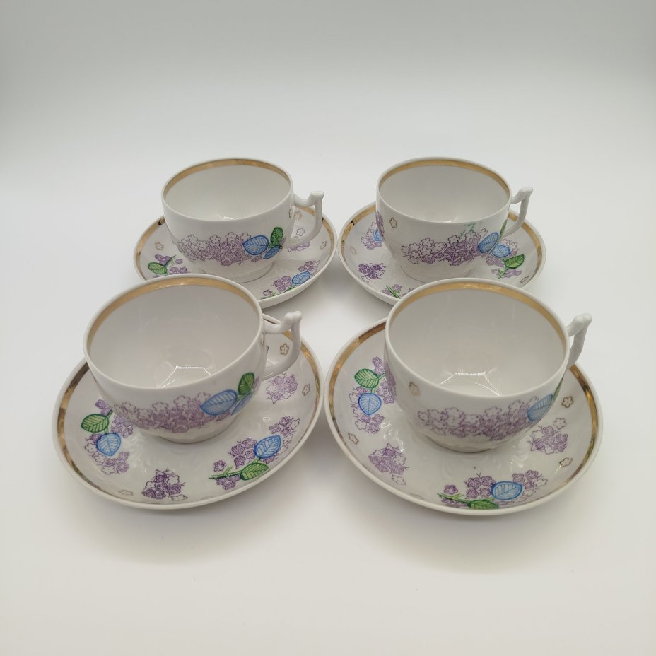Набор из четырех чайных пар с растительным декором, фарфор, деколь, Дмитровский фарфоровый завод (ДФЗ Вербилки), СССР, 1965-1991 гг.