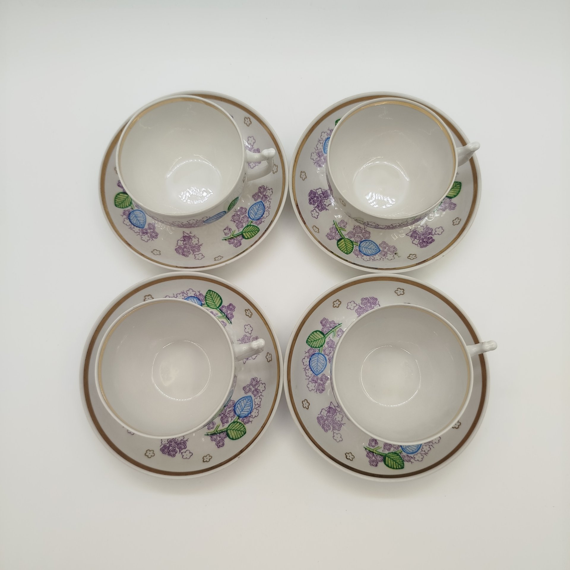 Набор из четырех чайных пар с растительным декором, фарфор, деколь, Дмитровский фарфоровый завод (ДФЗ Вербилки), СССР, 1965-1991 гг.