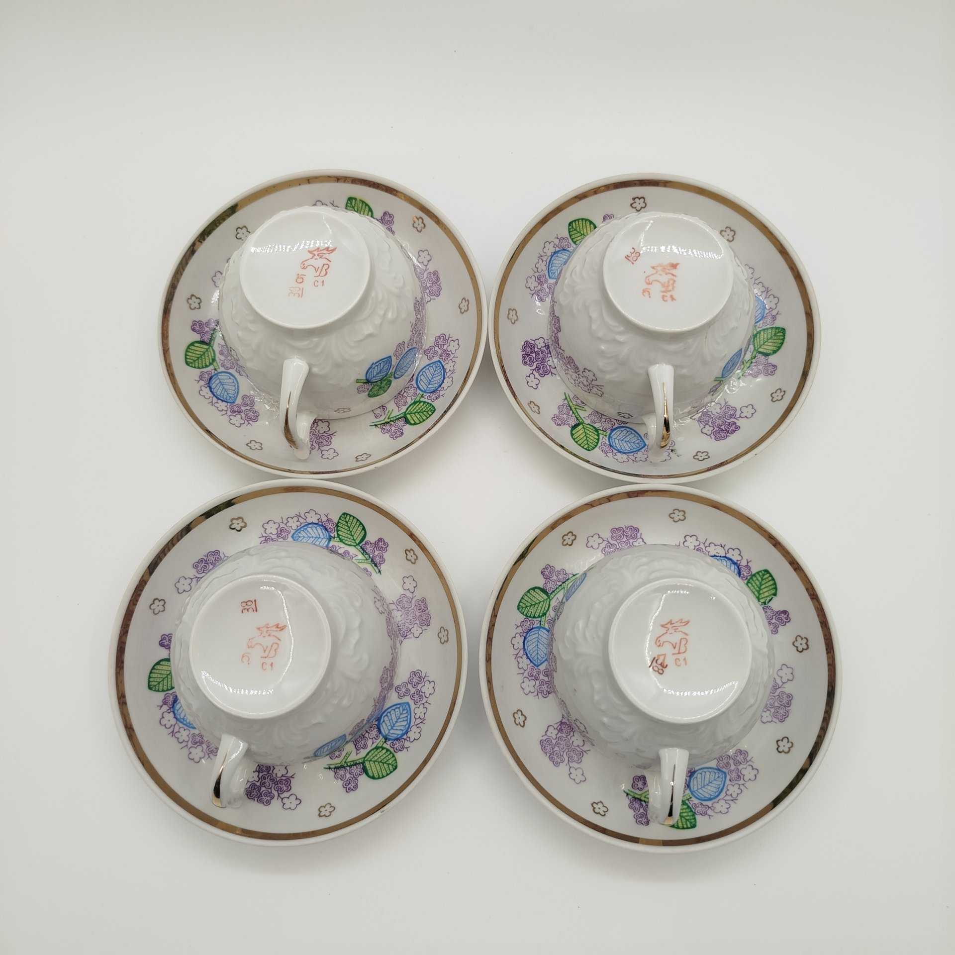 Набор из четырех чайных пар с растительным декором, фарфор, деколь, Дмитровский фарфоровый завод (ДФЗ Вербилки), СССР, 1965-1991 гг.