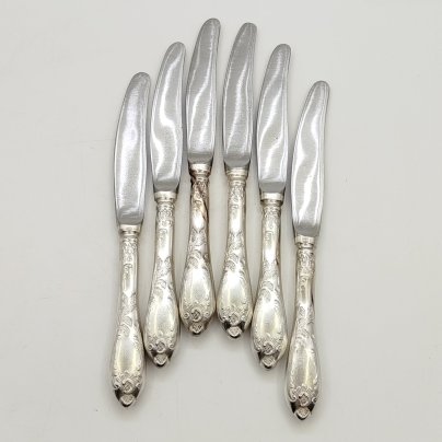 Набор из 6 десертных ножей "Пламя", мНЦ (медь-никель-цинк), Вольнянский завод столовых приборов им. Шевченко (ЗiШ, ЗиШ), СССР, 1970-1990 гг.