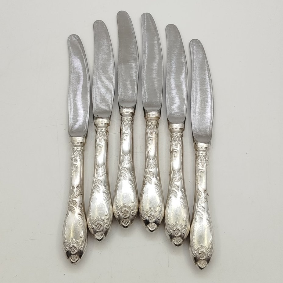 Набор из 6 десертных ножей "Пламя", мНЦ (медь-никель-цинк), Вольнянский завод столовых приборов им. Шевченко (ЗiШ, ЗиШ), СССР, 1970-1990 гг.