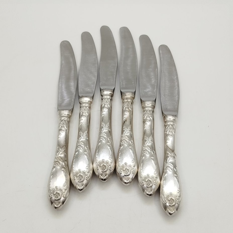 Набор из 6 десертных ножей "Пламя", мНЦ (медь-никель-цинк), Вольнянский завод столовых приборов им. Шевченко (ЗiШ, ЗиШ), СССР, 1970-1990 гг.