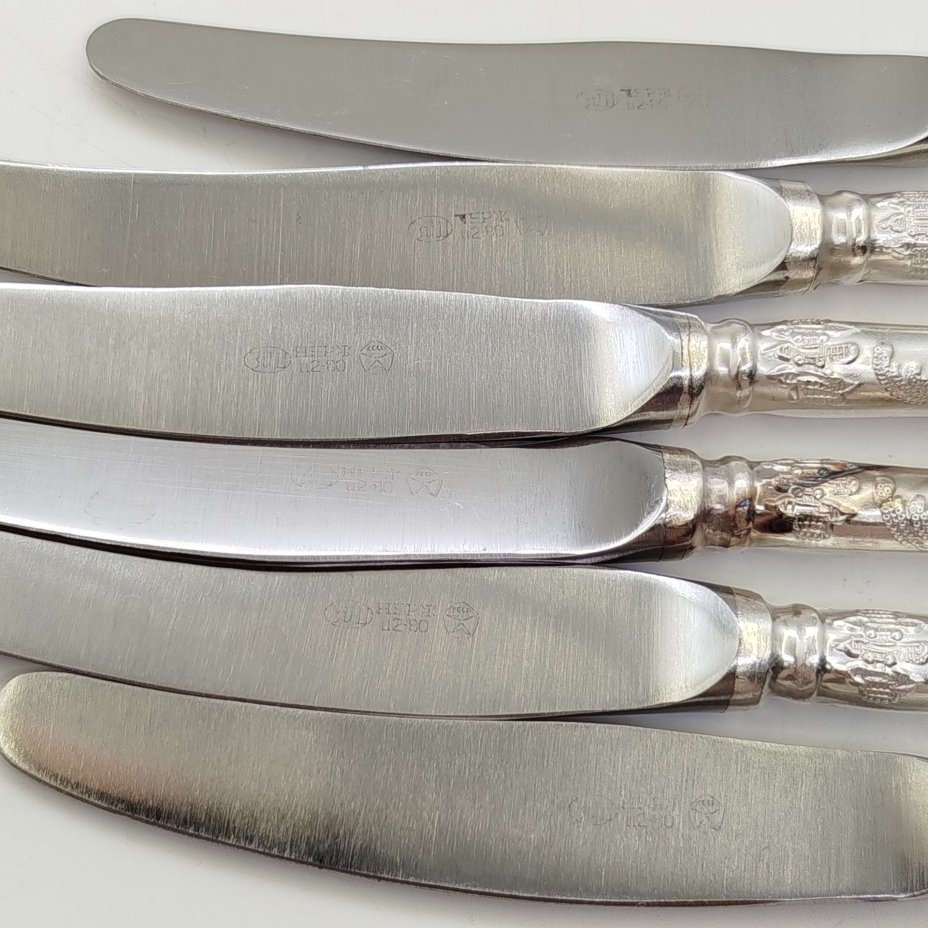 Набор из 6 десертных ножей "Пламя", мНЦ (медь-никель-цинк), Вольнянский завод столовых приборов им. Шевченко (ЗiШ, ЗиШ), СССР, 1970-1990 гг.