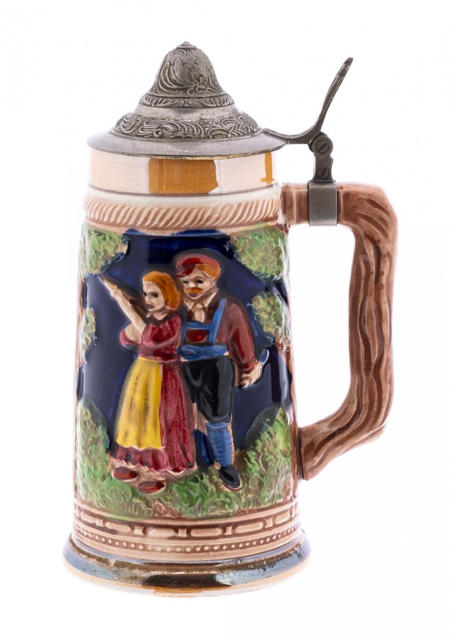 Кружка пивная с крышкой "Wiesbaden", фаянс, олово, рельеф, роспись, Германия, 1970-2000 гг.
