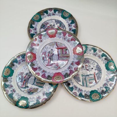 Набор из 4-х пирожковых (закусочных) тарелок в восточном стиле, серия "Canton", фаянс, деколь с подрисовкой, люстр, Boch Freres Keramis, Бельгия, 1894-1919 гг.