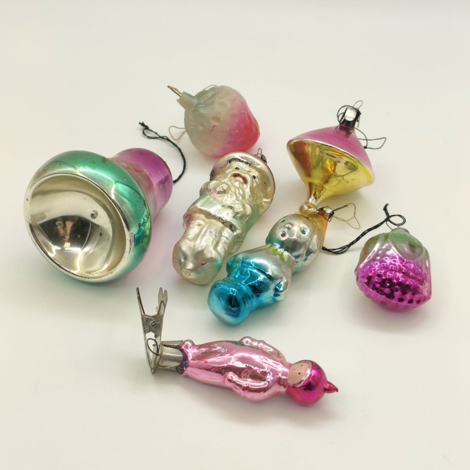 Набор ёлочных игрушек различных форм и расцветок (7 шт.), стекло, краска, металл, СССР, 1960-1980 гг.