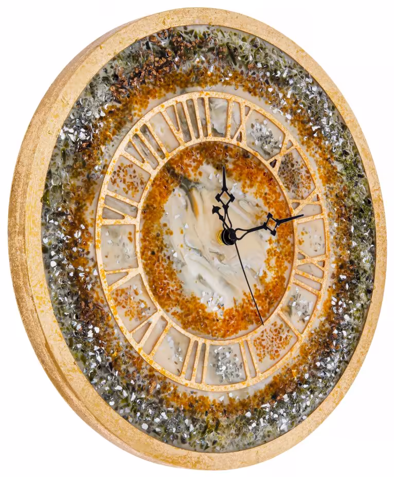 Часы настенные "Золотые пески", авторская ручная работа в технике Resin Art, глянцевое 3D покрытие, натуральный камень, Россия, 2020 г.