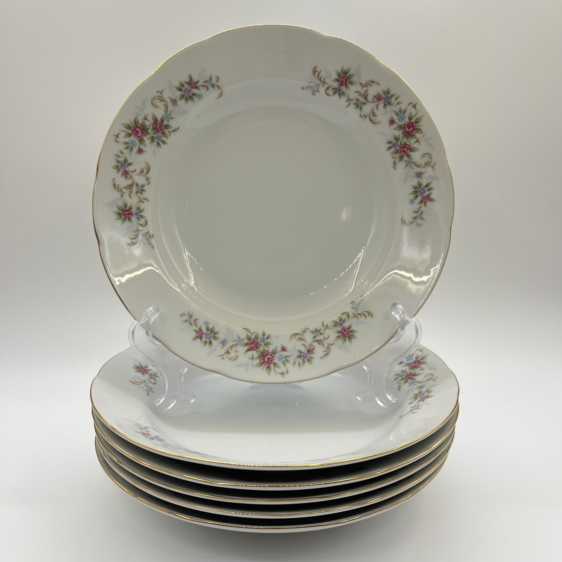 Набор суповых тарелок на 6 персон, украшенных цветочным декором, Катюша Япония, фарфор, деколь, золочение, 1970-1990 гг.