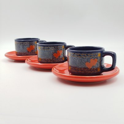 Набор из 3-х кофейных пар с декором в виде сердец, керамика, деколь, KIL, Югославия, 1980-1990 гг.