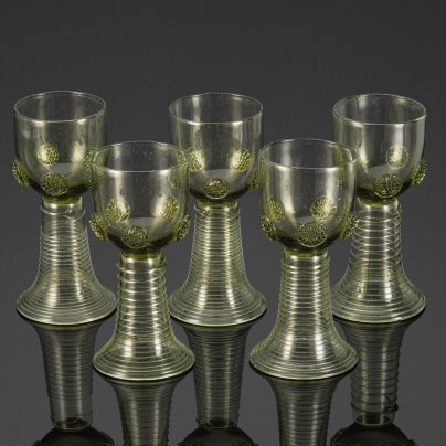 Набор бокалов-рёмеров для вина на 5 персон, стекло, выдувание, гутная техника, ручная работа, Европа, 1970-2000 гг.