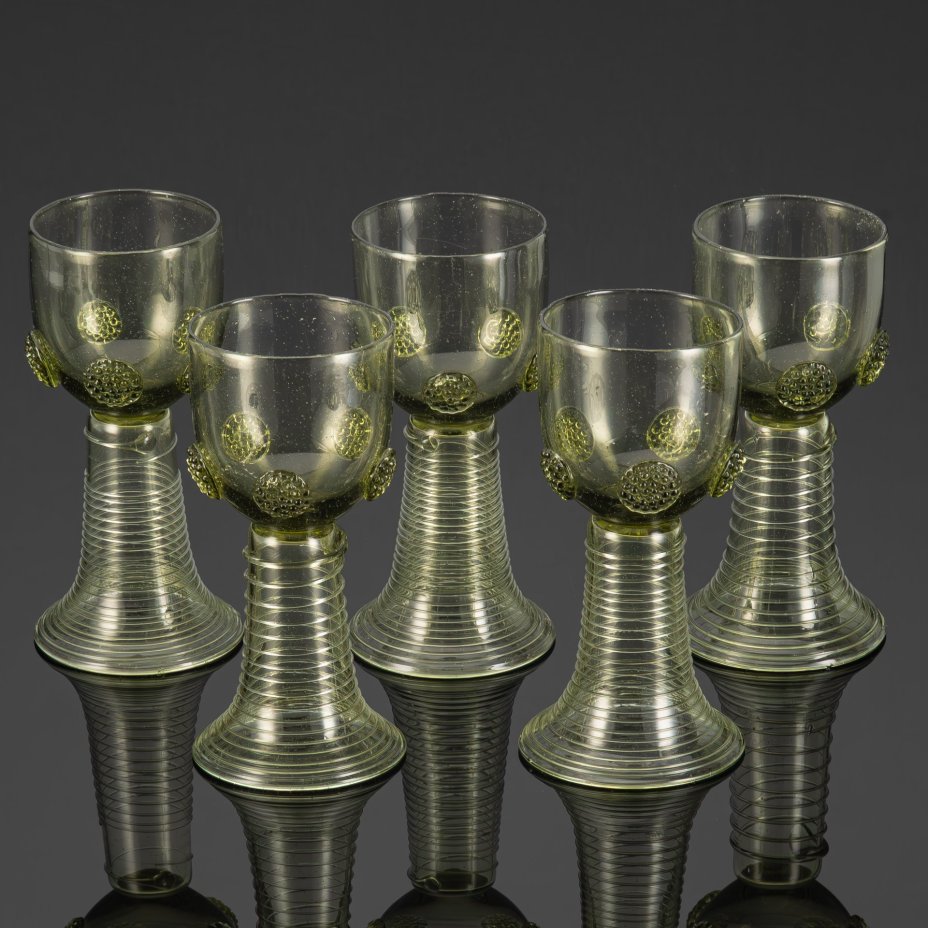 Набор бокалов-рёмеров для вина на 5 персон, стекло, выдувание, гутная техника, ручная работа, Европа, 1970-2000 гг.