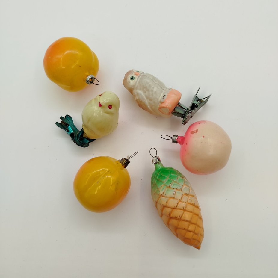 Набор из шести ёлочных игрушек, стекло, металл, СССР, 1960-1980 гг.